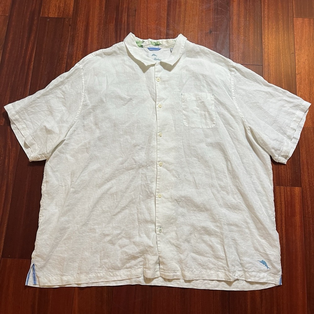 Tommy Bahama Shirt Mens 4XB 4XLB Big White 100% Linen Camp Collar Short SLeeve